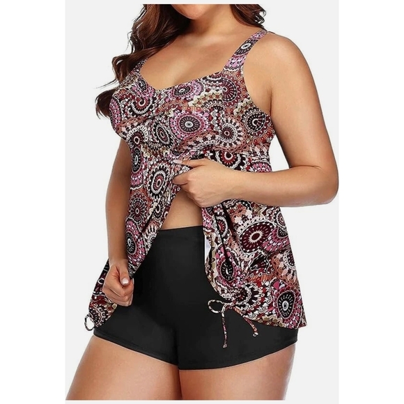 AQUA EVE - 24W Patterned Tankini Top and Black Shorts - Picture 3 of 12